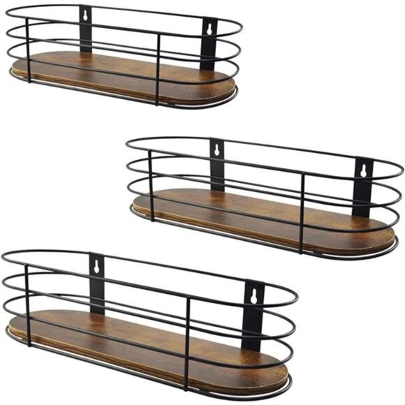 Oval Floating Wall Shelves Set of 3, Rustic Wood Wire Frame Hanging Shelf
